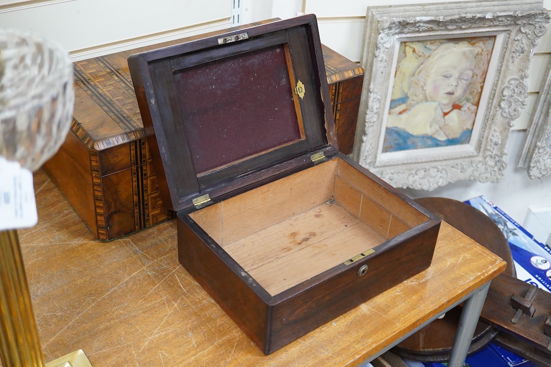Two Victorian bandwork writing slopes and another rosewood box, one with key, largest 50cm wide